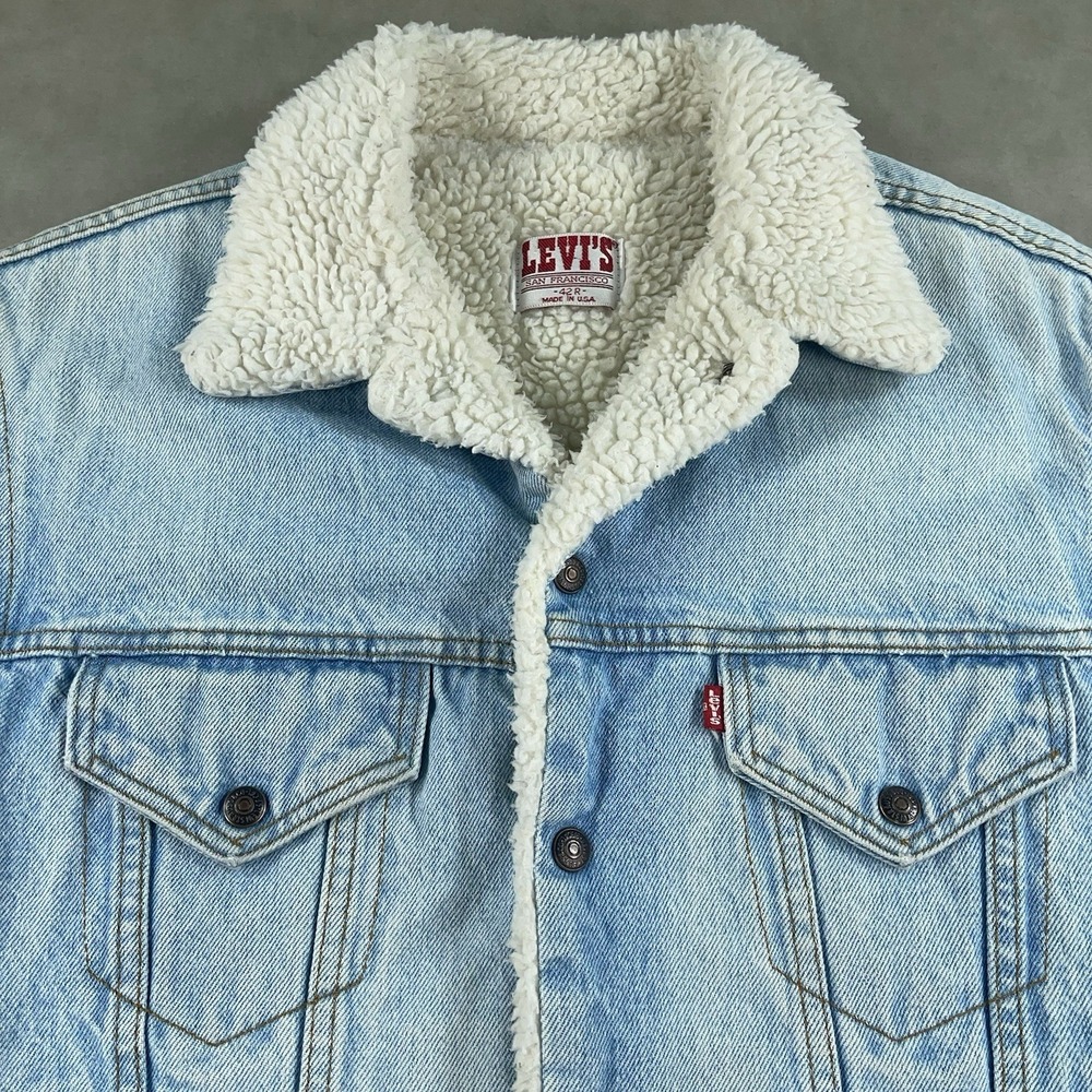 Vintage‎ Levis Denim Jean Jacket Faded Trucker USA Made 42R Sherpa 1987 80s - Picture 3 of 14